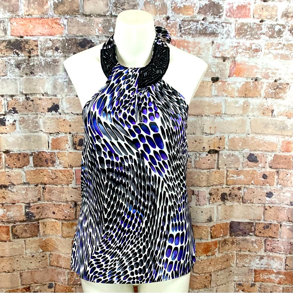 BCX Y2K Halter Top Shiny Purple Black & White Dressy Beaded Sz Small